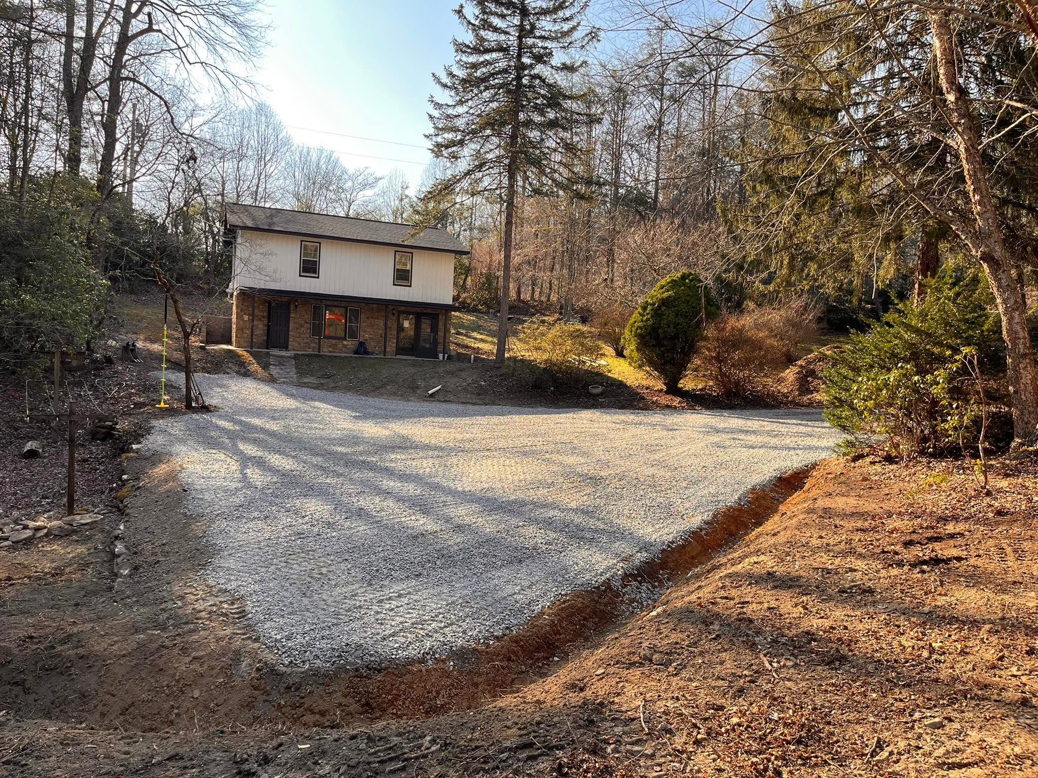 Finished gravel driveway and turnaround on mountain property